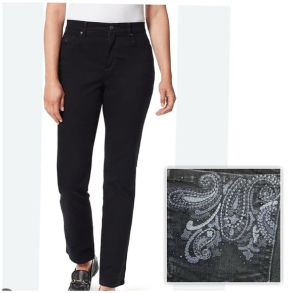 Gloria Vanderbilt Amanda Black Jeans Jewel Accented Pockets 18w - Picture 1 of 10